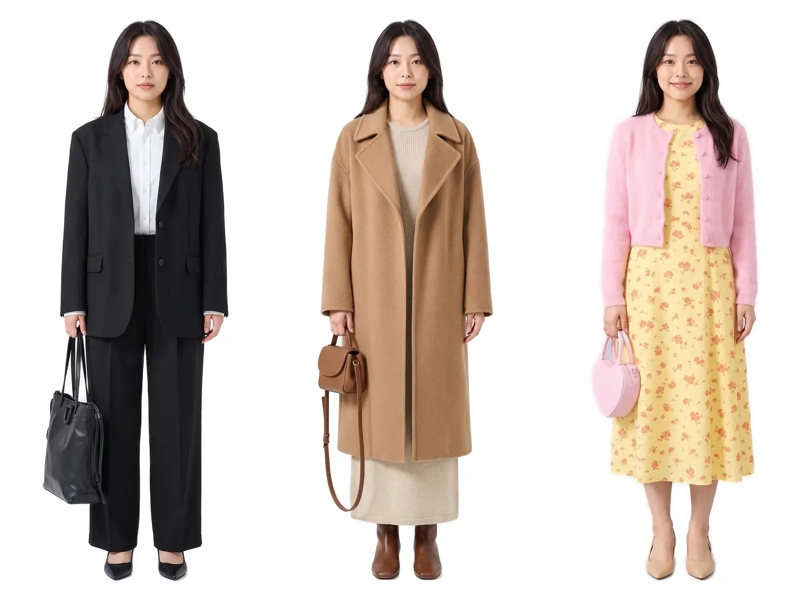 같은 여성이 출근룩(검정 재킷과 바지), 데이트룩(카멜색 롱코트), 하객룩(분홍 카디건과 노란 꽃무늬 원피스)을 입은 전신 사진 3장. AI로 만든 가상 인물이에요.