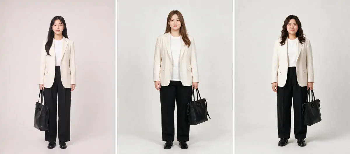 アイボリーのジャケット、白いTシャツ、黒いパンツを同じように着た、体型の異なる3人の女性の全身写真。すべてAIで作成した架空の人物です。